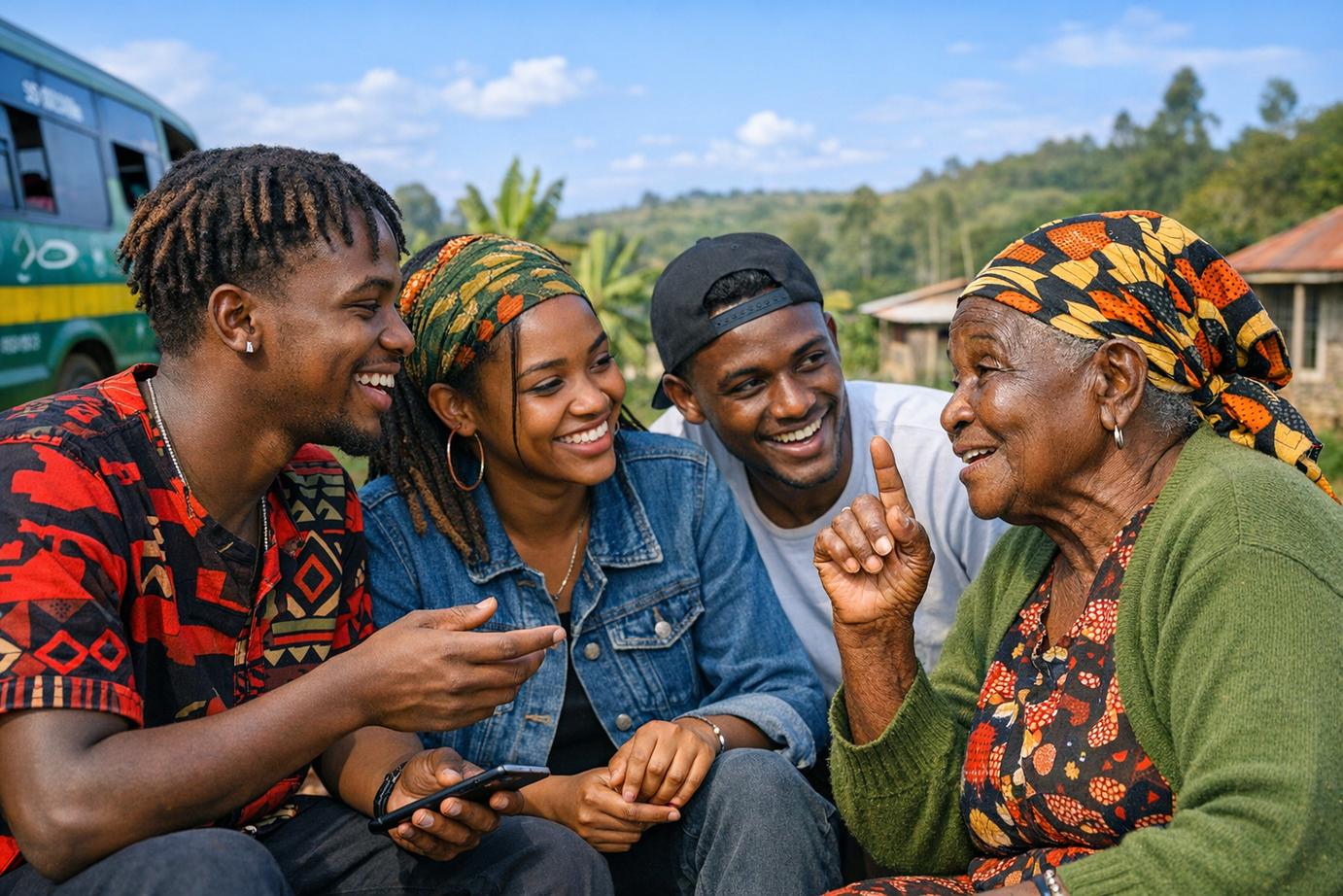 Young people and an elder woman sharing a laugh as they talk together